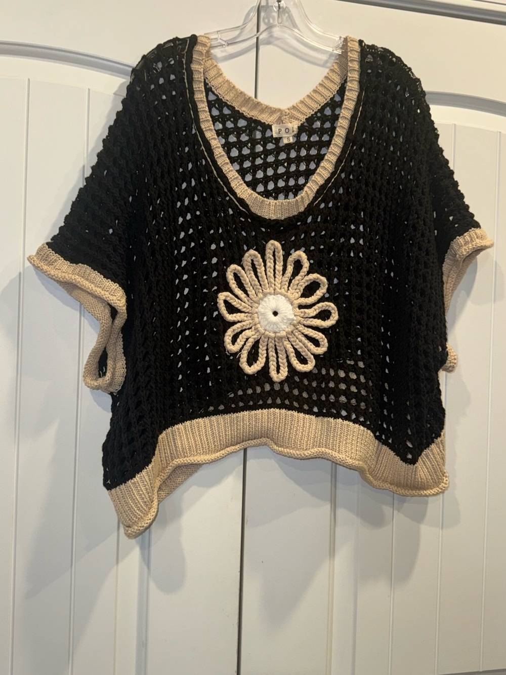 Black & Cream Crocheted Open-Knit Sweater with Floral Applique